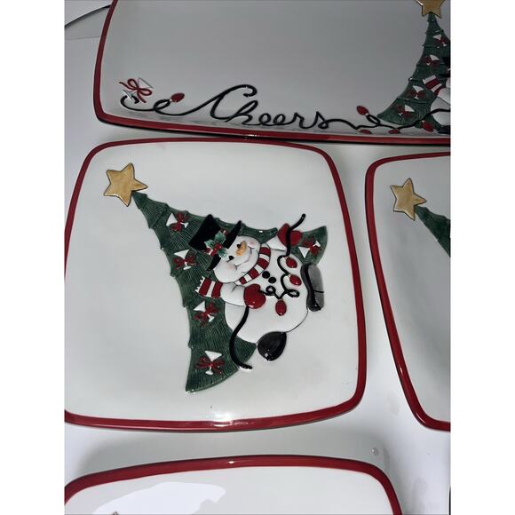Fitz & Floyd 2007 Cheers Christmas LIghts Snowman Snack Canape Plates 4 & Tray - Picture 3 of 7